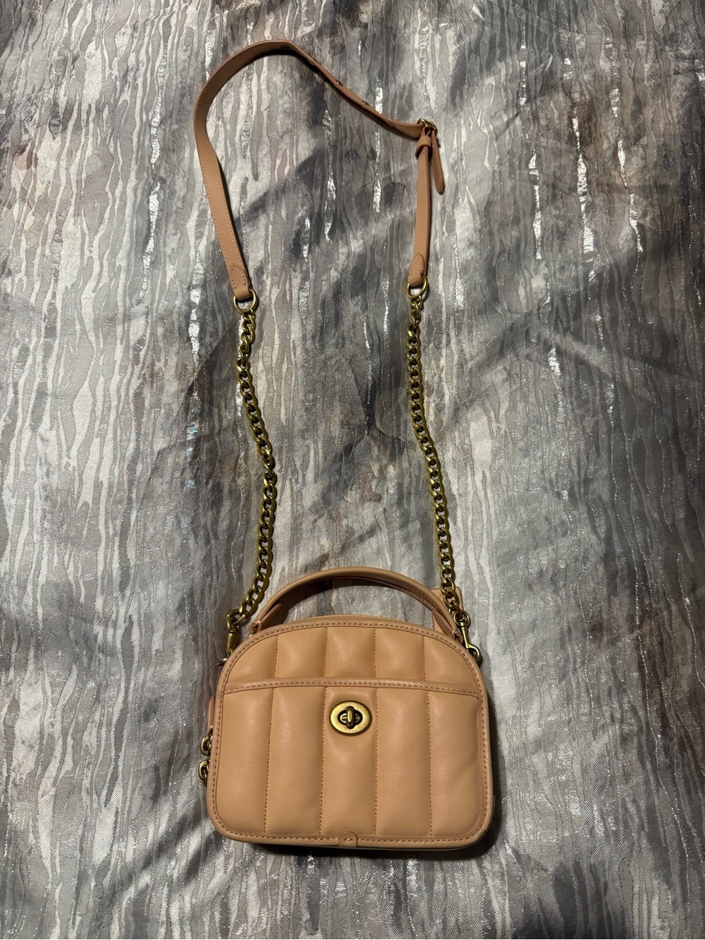 Quilted Peach Leather Crossbody Bag with Gold Chain